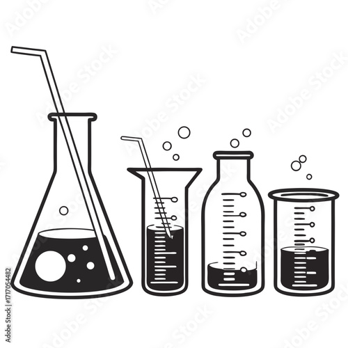 Row of Chemistry Lab Glassware with Liquids and Bubbles