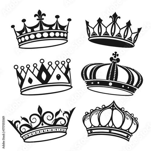 Set of Six Ornate Black Crown Silhouettes royal king