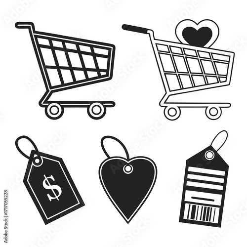 Shopping Cart and Price Icons with Heart and Dollar Sign Keywords: shopping cart, shopping