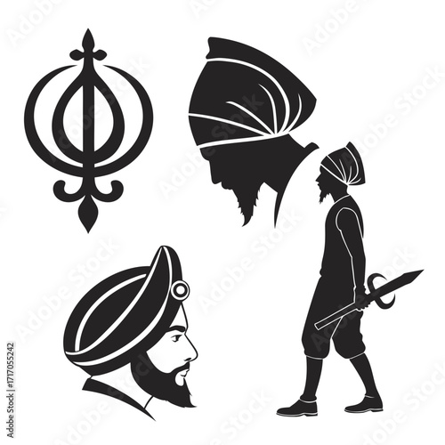 Sikh Symbols and Silhouettes with Turbans and Sword