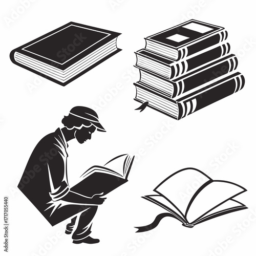 Silhouette of person reading book and stacks of books Keywords: reading, book, silhouette