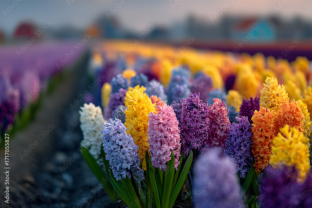 Obraz premium Spring landscape in Egmond aan zee, province of North Holland, selective focus on flowers. Flower fields with colorful hyacinths in the Netherlands. Tourist attractions in the countryside in Holland.