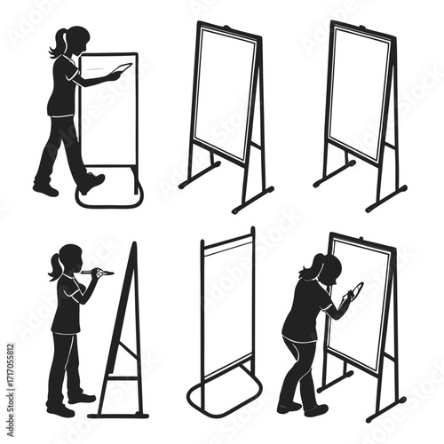 Silhouettes of people using whiteboards and display boards
