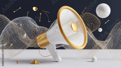 A modern megaphone with gold accents is displayed against a dark background with abstract geometric shapes and floating spheres.