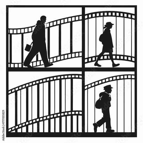 Silhouettes of People Walking Through Film Reels movie