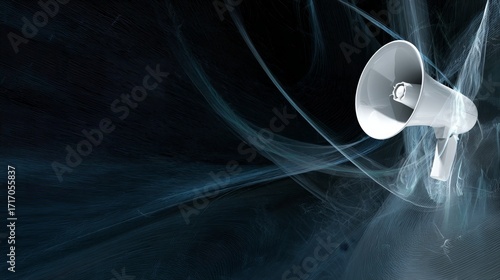 A white megaphone emitting light trails against a dark, abstract background with flowing blue energy waves.