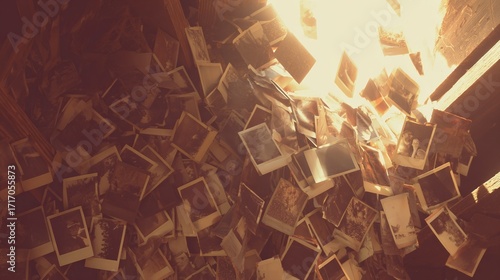 Scattered vintage photographs illuminated by sunlight streaming through a window