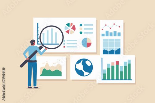 Man analyzing financial data charts and graphs with a magnifying glass for business insights and global market trends