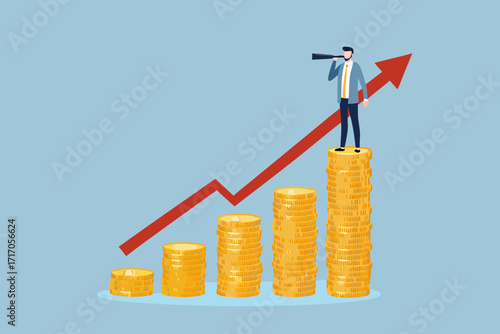 Businessman with spyglass on stack of coins looking towards upward trending arrow symbolizing financial growth and future success