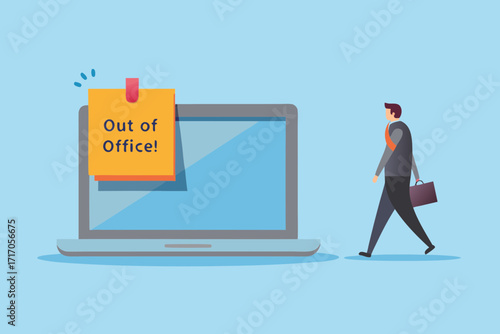 Businessman walking away from laptop with out of office sticky note on screen