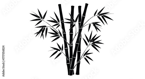 Silhouetted illustration of a cluster of bamboo stalks and leaves against a white background.