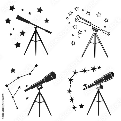 Telescope and constellation icons in silhouette stars