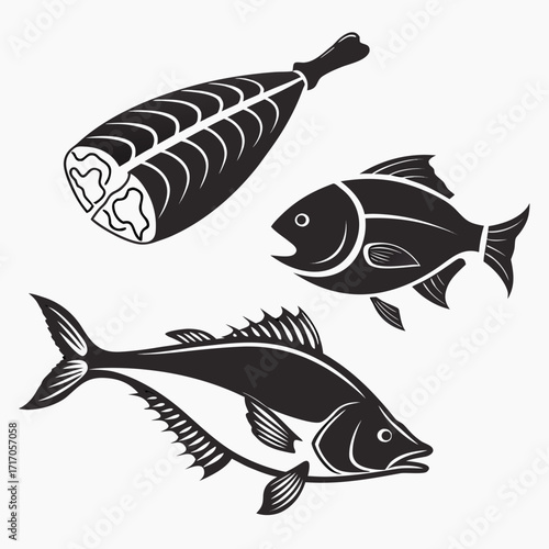 Three black and white food icons ham and two fish meat