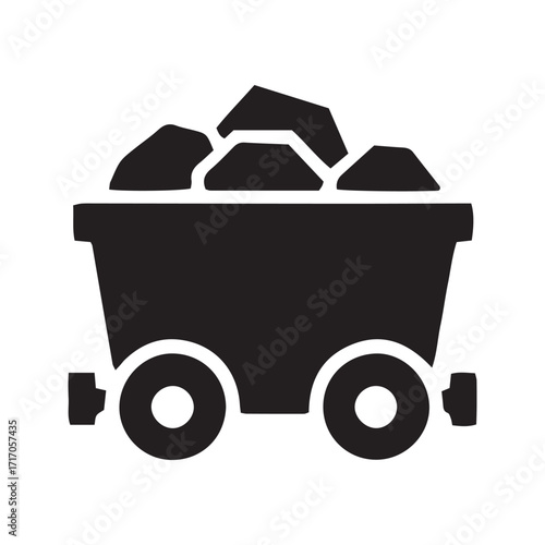 Mine Cart with Coal Vector Icon, Glyph Symbol for Mining Industry and Fossil Fuel Energy
