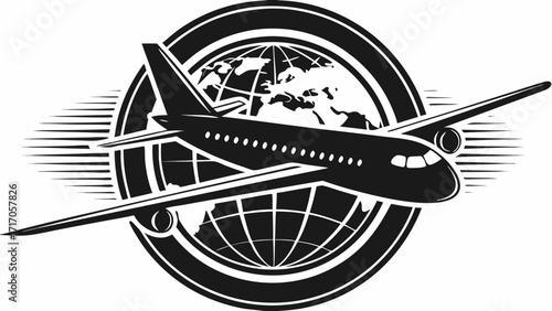 Modern jet airplane flying over globe, promoting worldwide travel and business connections instantly, vector style