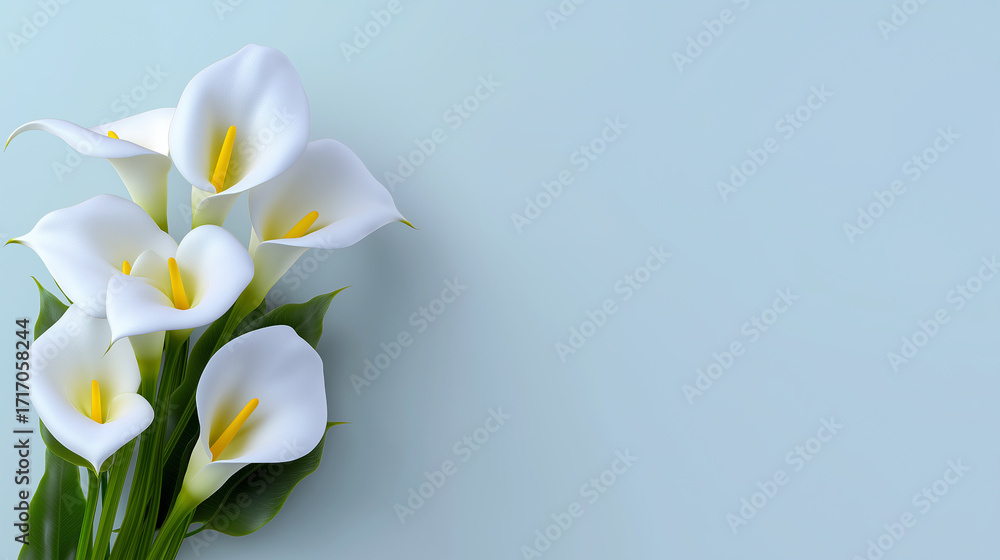 Fototapeta premium Elegant bouquet of white calla lilies against a neutral background. 