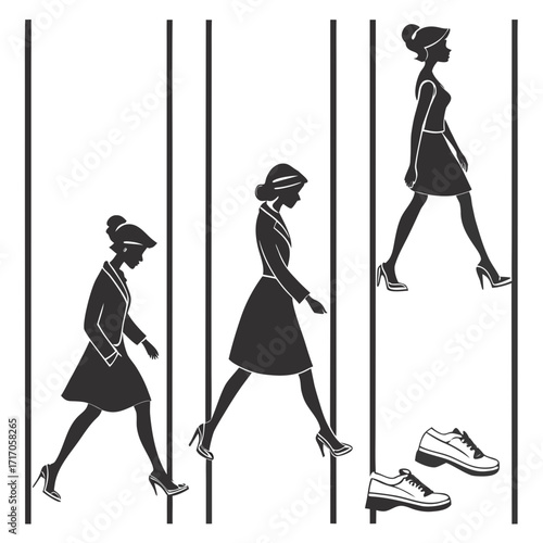 Women in Dresses Walking Up Stairs with Shoes silhouette