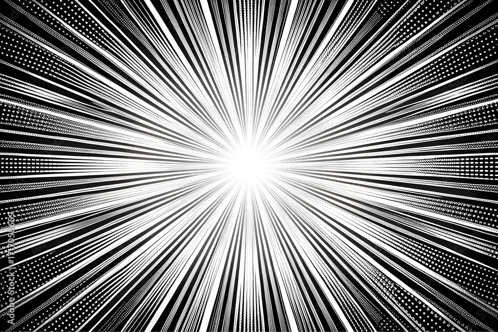 Fototapeta premium Motion radial lines background for comic books. Manga speed frame Black and white vector illustration