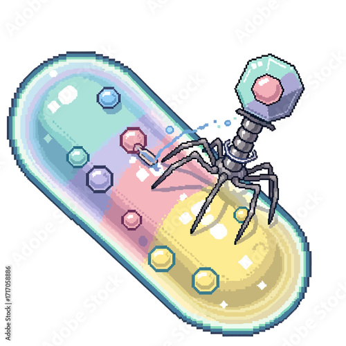 Pixel art illustration of a bacteriophage virus injecting genetic material into a futuristic medical capsule, representing phage therapy and biotechnology