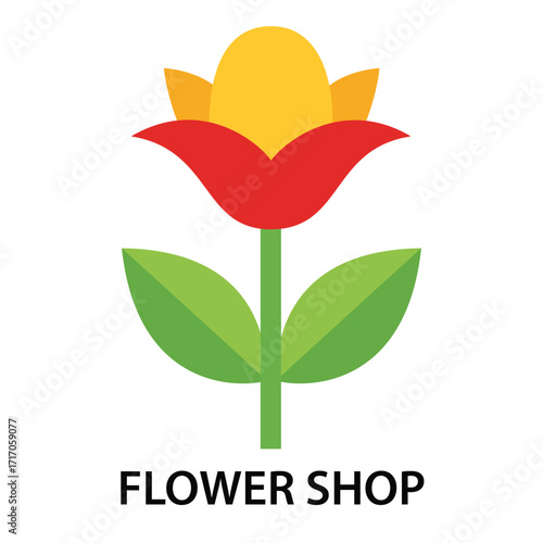 Flower shop logo with red petals and a yellow center for florists, gardening, and floral business