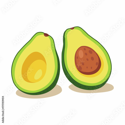 Flat illustration of two halves of a ripe green avocado isolated on a white background.
