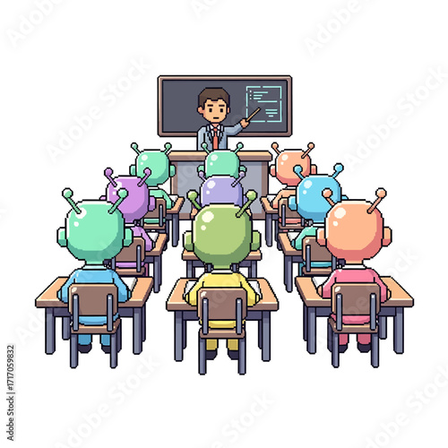 A futuristic classroom concept where a human professor lectures to a diverse class of colorful alien robot students