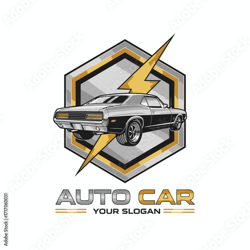 Muscle Car Vector Logo with Golden Lightning and Hexagonal Frame