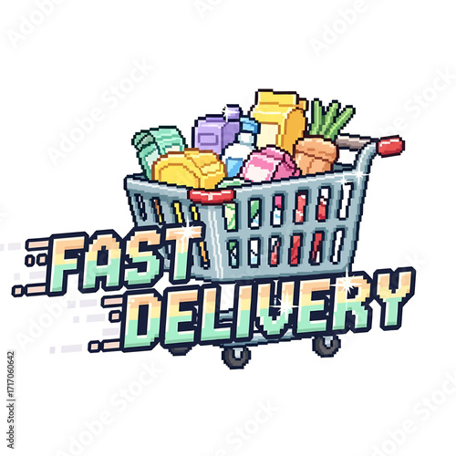 Pixel art shopping cart filled with groceries, representing fast delivery services and e-commerce convenience
