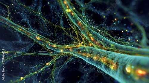 Neuronal network with glowing synapses and dendritic connections under microscopic view