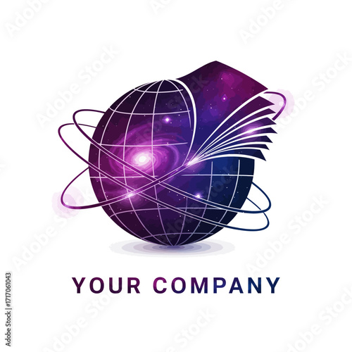 Cosmic 3D Globe Vector Logo with Flowing Pages
