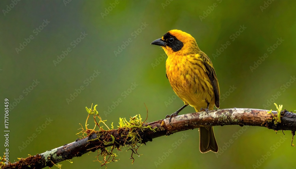 Naklejka premium Vibrant Yellow Weaver Bird Perched on Mossy Branch with Blurred Green Background in Natural Sunlight Wildlife Photography