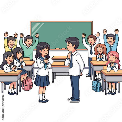 A vibrant illustration depicting a lively classroom moment where two students stand and interact, surrounded by their enthusiastic peers, showcasing youthful school dynamics