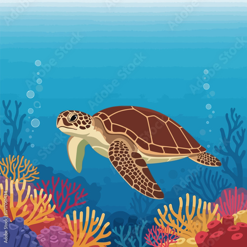 Sea Turtle Coral Reef Flat Illustration
