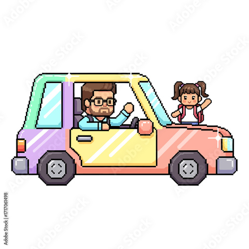 Cheerful pixel art illustration of a father driving his daughter to school in a colorful car, capturing the joy of family travel and daily commutes with a playful, retro-inspired aesthetic