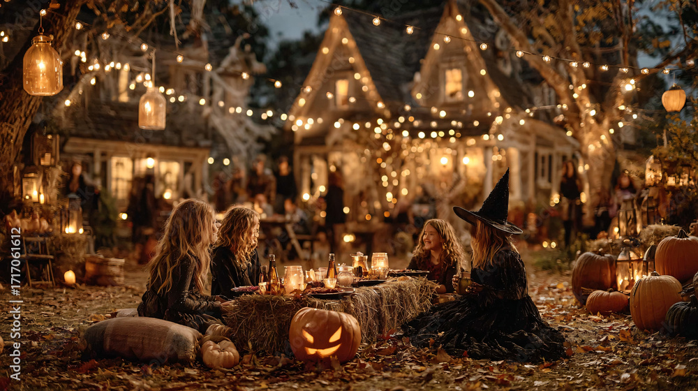 Fototapeta premium Families gathered in a community square with haunted house decorations, glowing pumpkins, and children playing games. People in witch, vampire, and ghost costumes smiling and enjoying. 