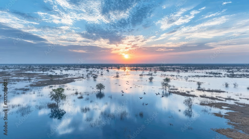 Fototapeta premium A sunset over an expansive wetland floodplain, mirror-like water surface reflecting golden light, silhouettes of distant birds