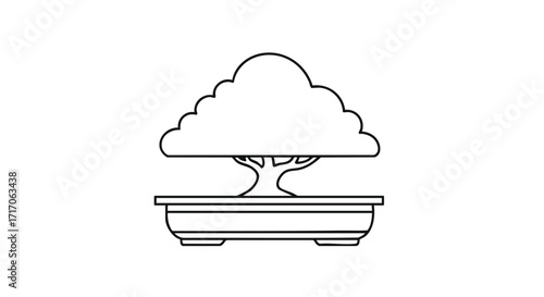 Line drawing of a miniature bonsai tree in a rectangular pot.
