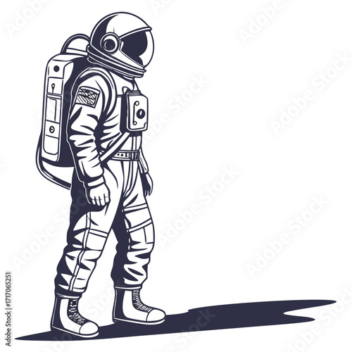 Astronaut walking with backpack on white background