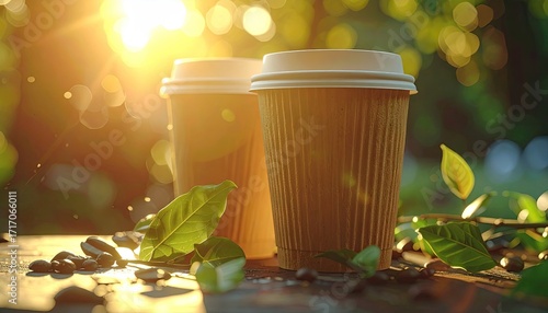 Two Takeout Coffee Cups Golden Hour Illumination with Scattered Coffee Beans and Green Leaves on Wooden Table in Natural Light