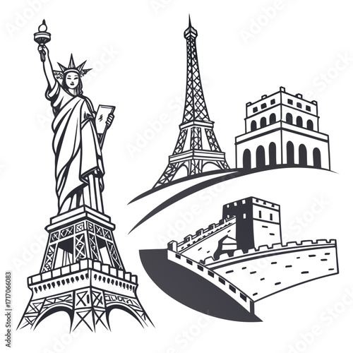 Black and white line art of famous world landmarks