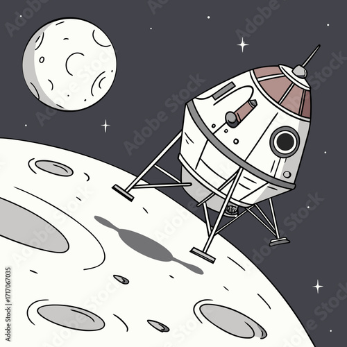 Cartoon Lunar Lander on the Moon Surface with Earth in Background