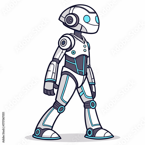 Cartoon robot walking with blue accents android cyborg