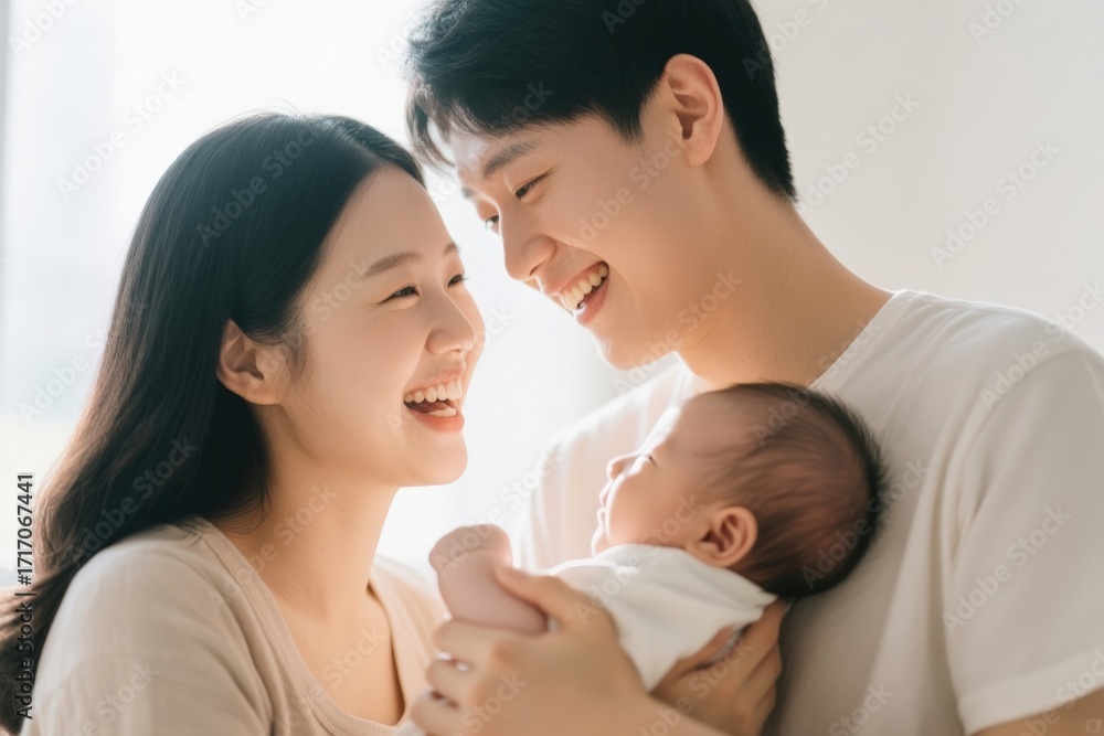 Fototapeta premium Candid family moment with parents and newborn, showcasing love and joy.