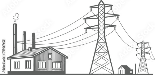 Power line tower, transmission tower with white isolate background, High voltage post or High voltage tower. Vector Illustration Png Background Template.	