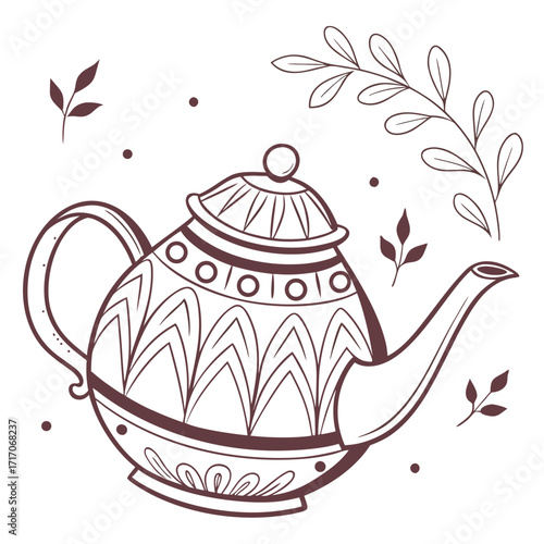 Decorative Teapot with Floral Elements Line Art kettle