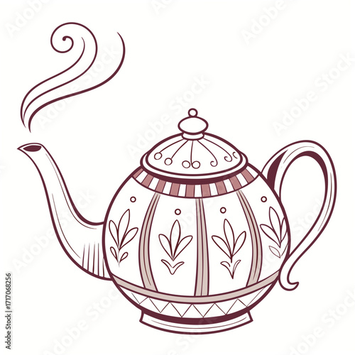 steaming teapot drawing, maroon and white clip art preview