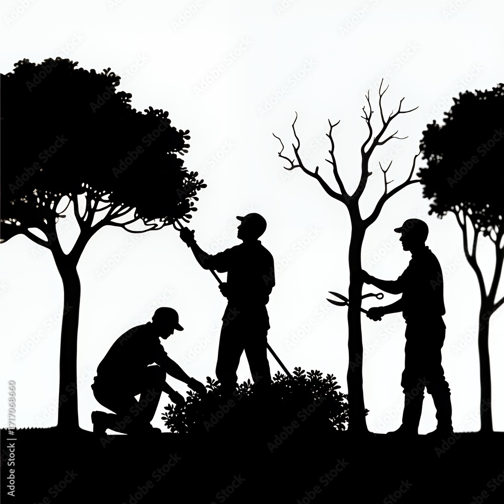 Obraz premium Silhouette of male gardeners pruning trees in a tranquil garden setting.