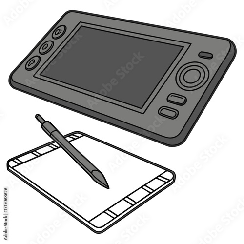 Digital drawing tablet and stylus on white background
