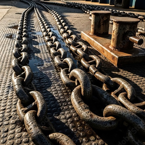 Closeup of thick rusty chains lying on a textured metal surface with rusty mooring bollards visible in the background