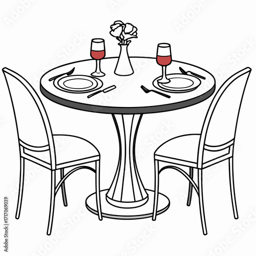 Elegant table for two with wine and floral decor Keywords: dining table, restaurant, table